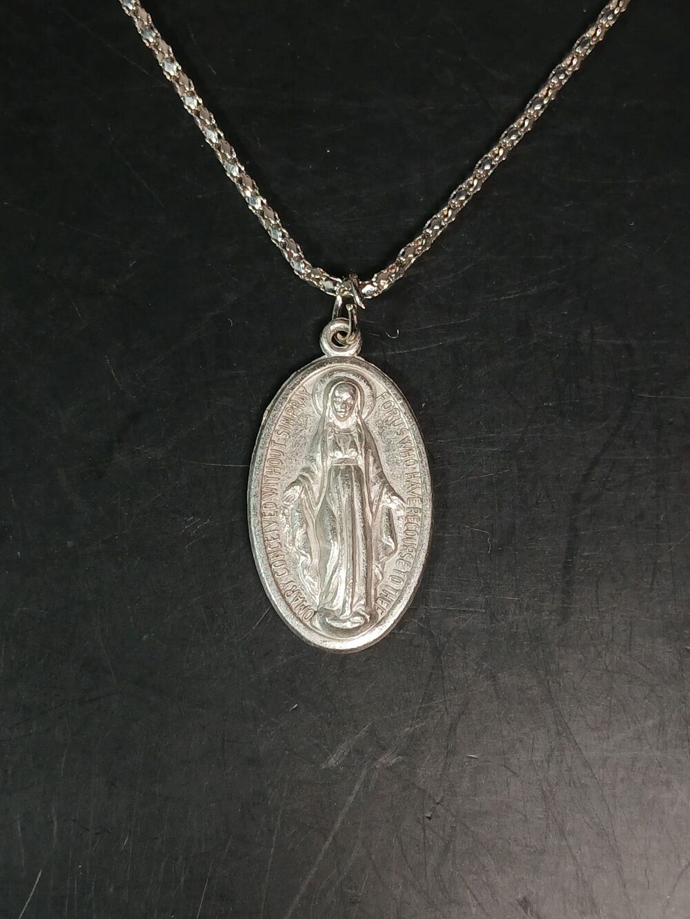 Mary Conceived Without Sin Silver Tone Necklace ~20"